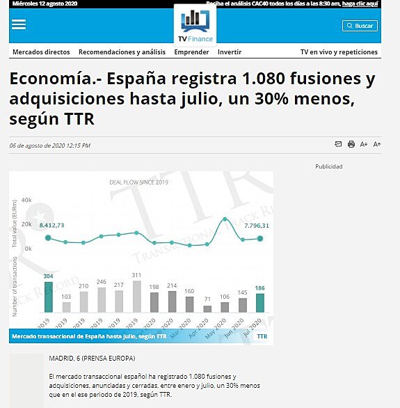 Espaa registra 1.080 fusiones y adquisiciones hasta julio, un 30% menos, segn TTR